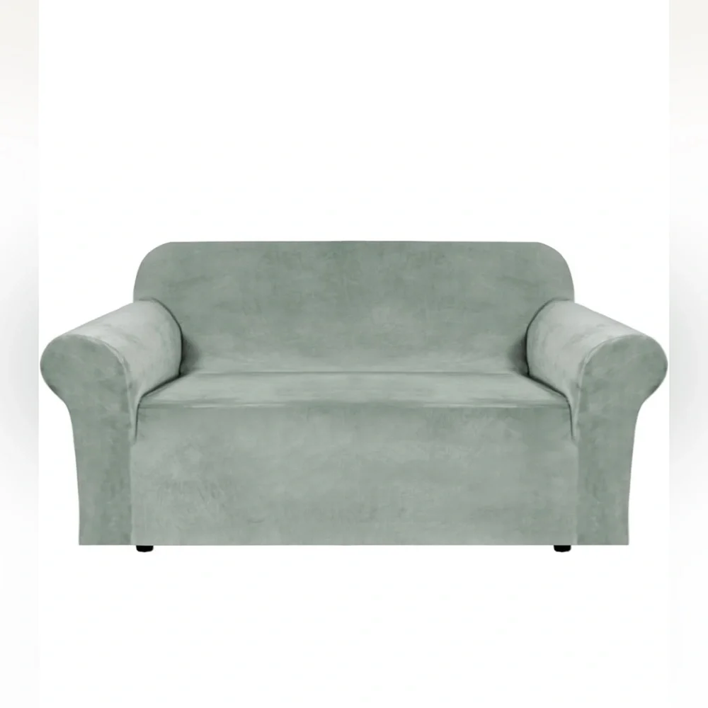 Sea Grass Green Velvet Loveseat Sofa Slip Cover W/Stretch 58-72” Square Cushion